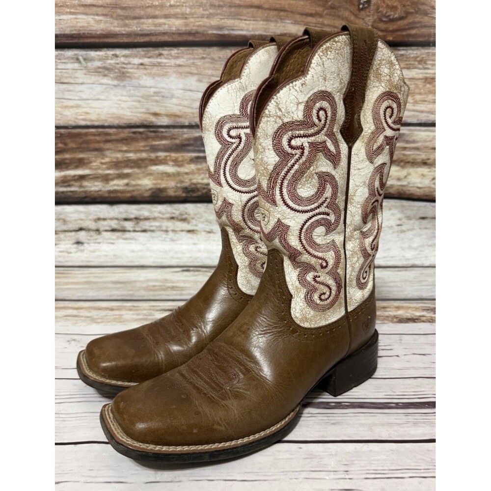 Ariat Women’s Western Boots 8 B Brown Embroidery Square Toe Leather Quickdraw